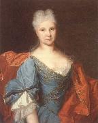 unknow artist Portrait of a lady,half-length,wearing a blue embroidered dress with a scarlet mantle USA oil painting artist